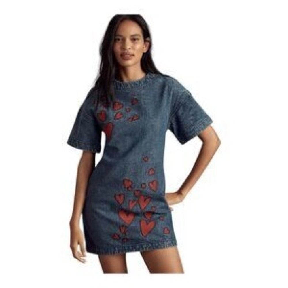 Anthropologie Dhruv Kapoor Embroidered Heart Denim Mini Dress Sz M